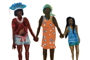 Three people representing traditional Cerrado communities stand holding hands.