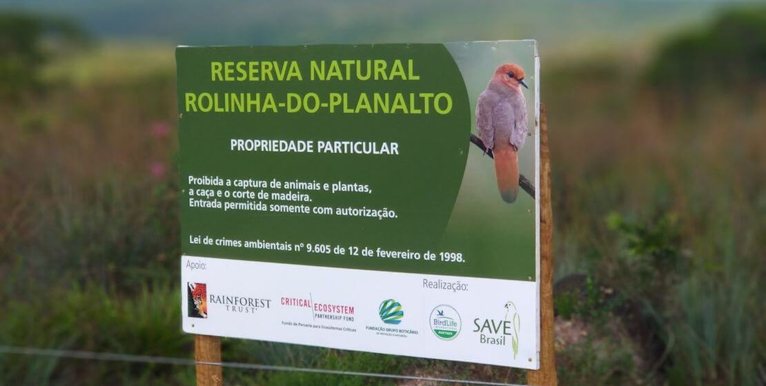 アオメヒメバトの画像とCEPFを含む資金提供者のリストが下部にある「ReservaNaturalRolinha-Do-Planalto」に署名します。