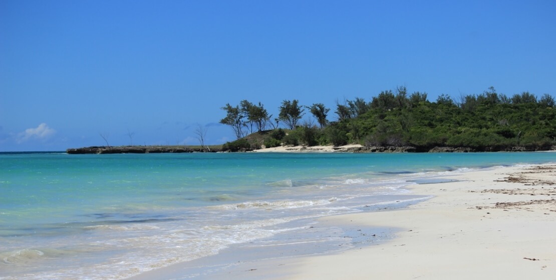 Playa de arena blanca, aguas turquesas y árboles de fondo.