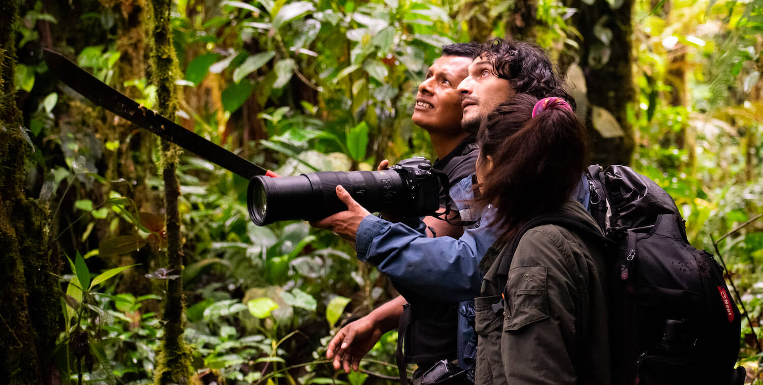 Dos hombres y una mujer observando aves en el bosque, un hombre sostiene una cámara con una lente muy larga.