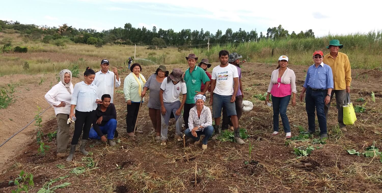 About a dozen people standing in dirt area ready for planting.