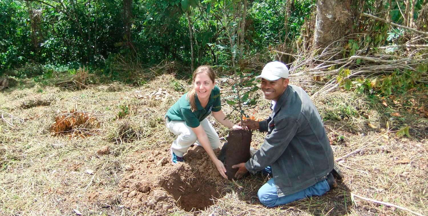 Una mujer y un hombre plantando un árbol.