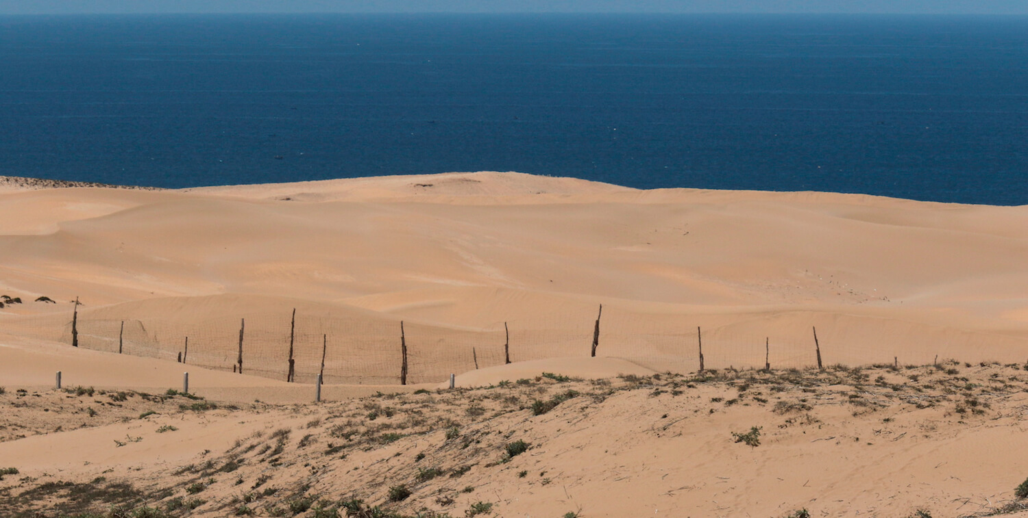 Dunes de sable avec de l'eau en arrière-plan.