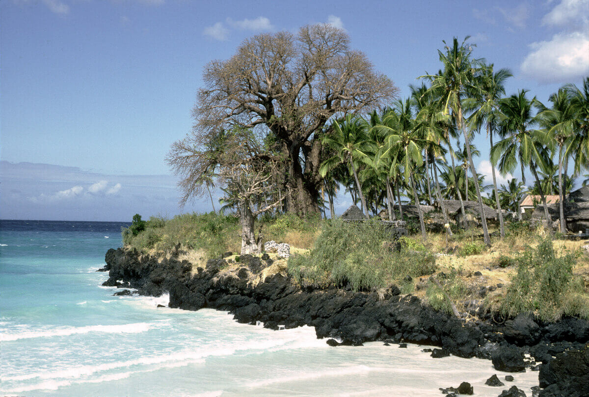 Les eaux bleu-vert rencontrent le bord de l'île de Grande Comore, aux Comores.