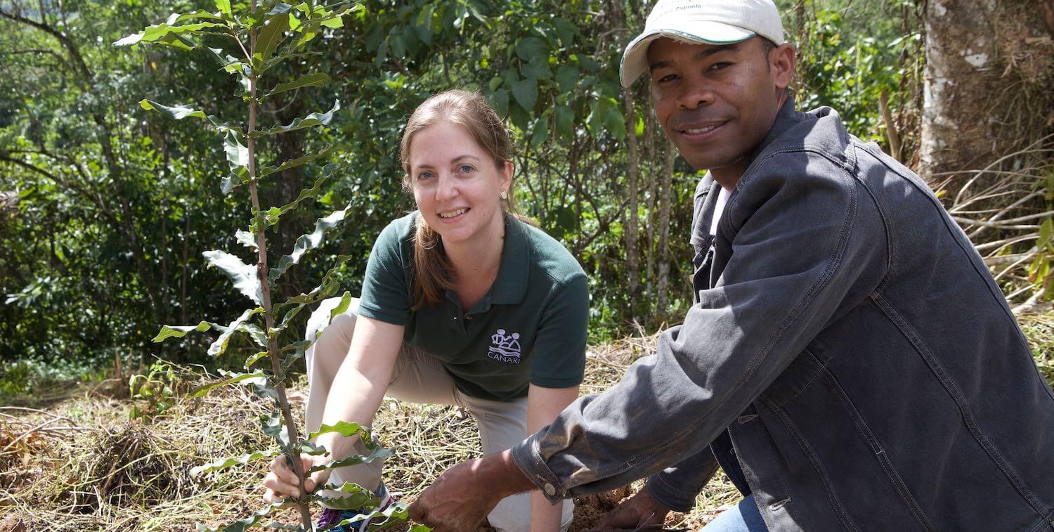 A woman and a man kneel over a tree seedling as they plan it in the ground.