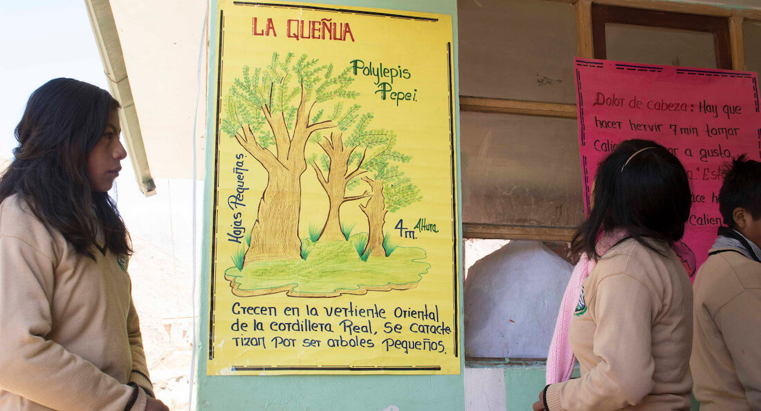 Cartel dibujado a mano, algunos estudiantes cerca.