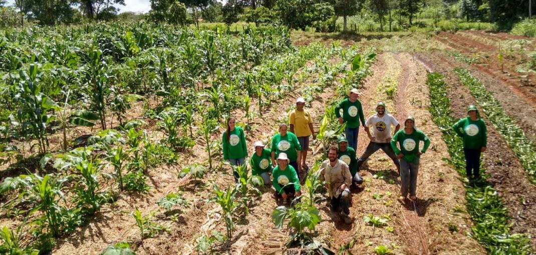Grupo de personas, mujeres y hombres, de pie en el campo agrícola.