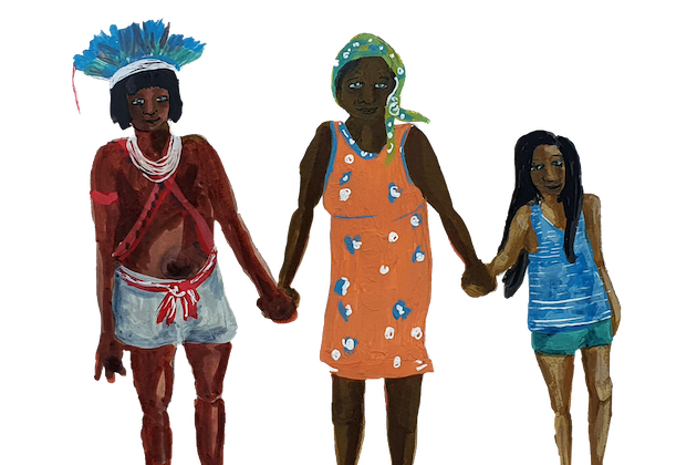 Three people representing traditional Cerrado communities stand holding hands.