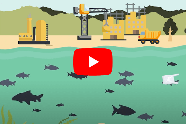 Captura de pantalla de peces animados debajo de la superficie del agua y equipos de construcción en la playa de arriba