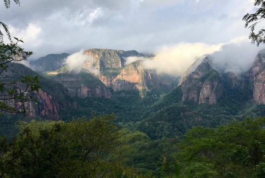 Une forêt luxuriante se trouve en face de montagnes pierreuses au parc national d'Amboro, en Bolivie.