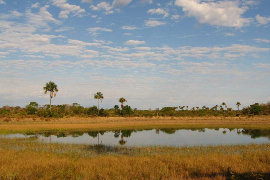 Flat orange landscape, small body of water, vast sky.