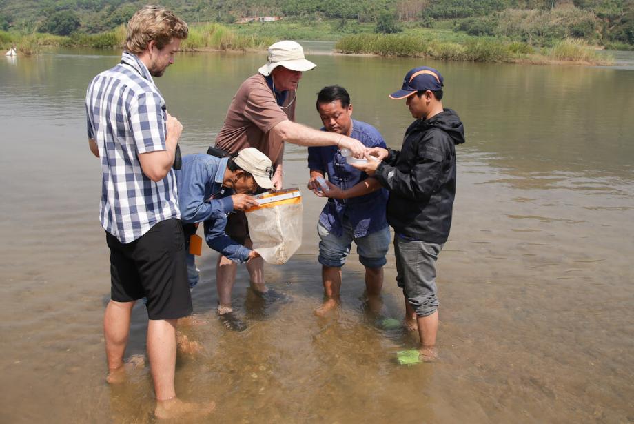 Cinco hombres en el agua hasta los tobillos, trabajando juntos.