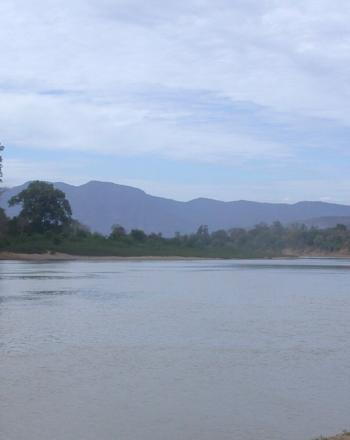 Body of water surrounded by trees, mountains in the distance.
