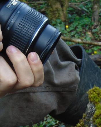 Close-up of photographer photographing very small frog.