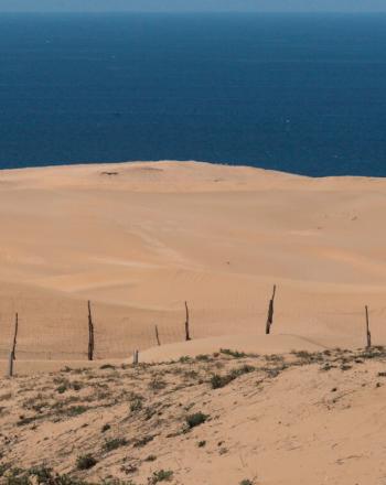 Sand dunes with water in background.