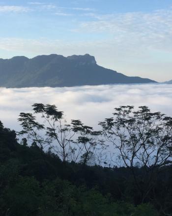 Above a layer of clouds, mountains in the background.