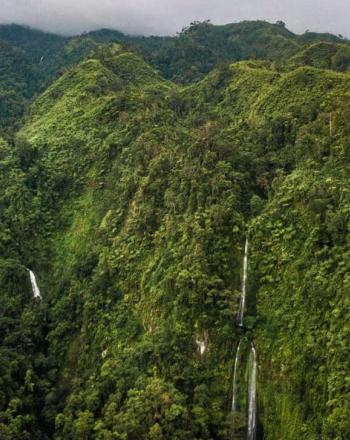 Looking down at cliffs covered in green foliage, a few thin waterfalls.