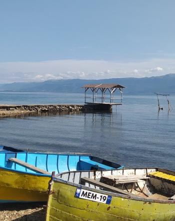 Lake with yellow-and-blue rowboats sitting on the shoreline.