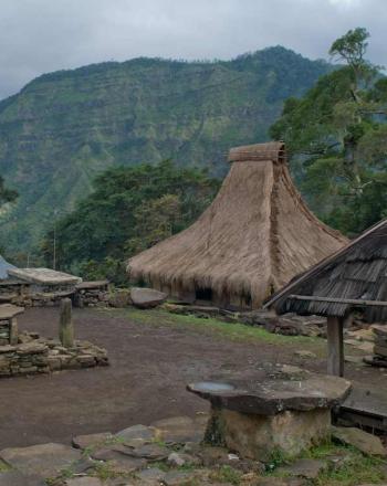 A few small huts with a green mountain in the background.