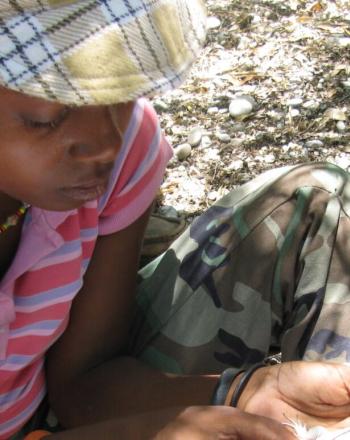 Close-up, two people holding small iguana.