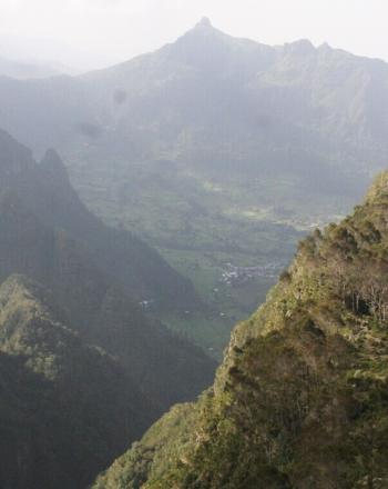 Vista of green mountains.