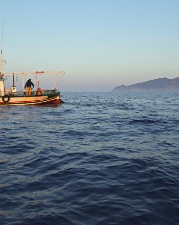 Tunisian fisherman sailing in Zembra Protected Area, Tunisia.