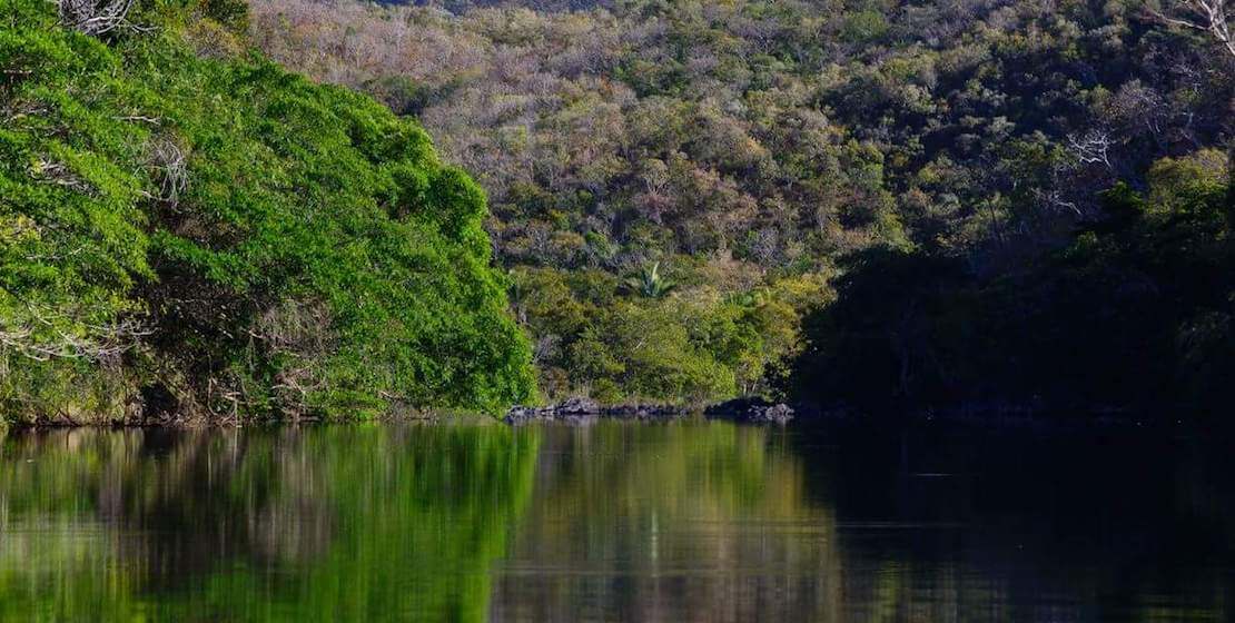 Río oscuro rodeado de colinas verdes y marrones.