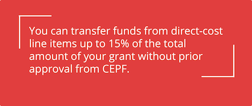 Vous pouvez transférer des fonds à partir de postes à coûts directs jusqu'à 15 % du montant total de votre subvention sans l'approbation préalable du CEPF.