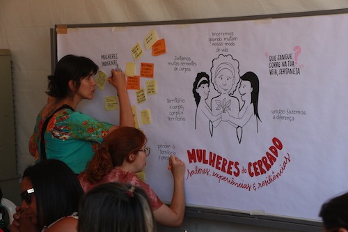 Two women write on a large piece of paper posted on a wall that includes a drawing of three women gathered together.